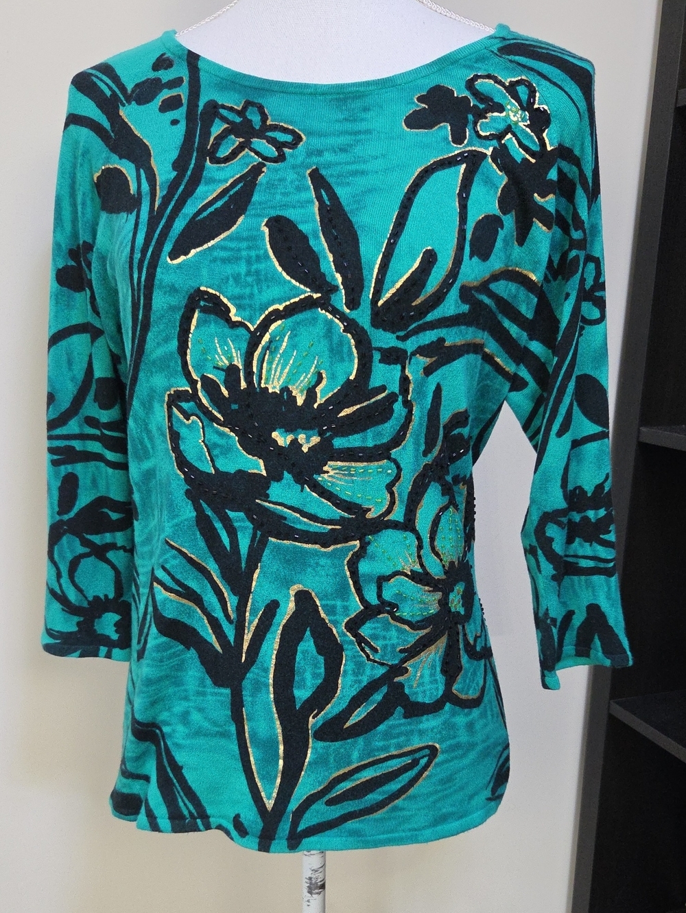 Vtg Cache Teal Long Sleeve Floral Knit Top with Black, Beads & Gold Accents